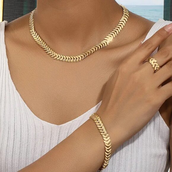 Necklace Ring Bracelet 3pc Set Gold Tone Leaf Chain Statement Glam Trendy Y2k - Picture 1 of 4